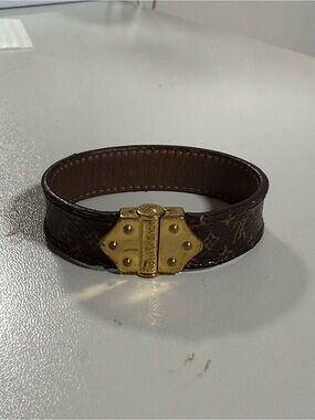 Louis Vuitton Brown Monogram Leather Bracelet with Gold-tone Clasp